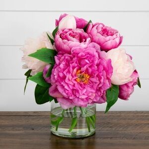 Faux 12” Peony Arrangement in Glass Vase Home Decor White Green New